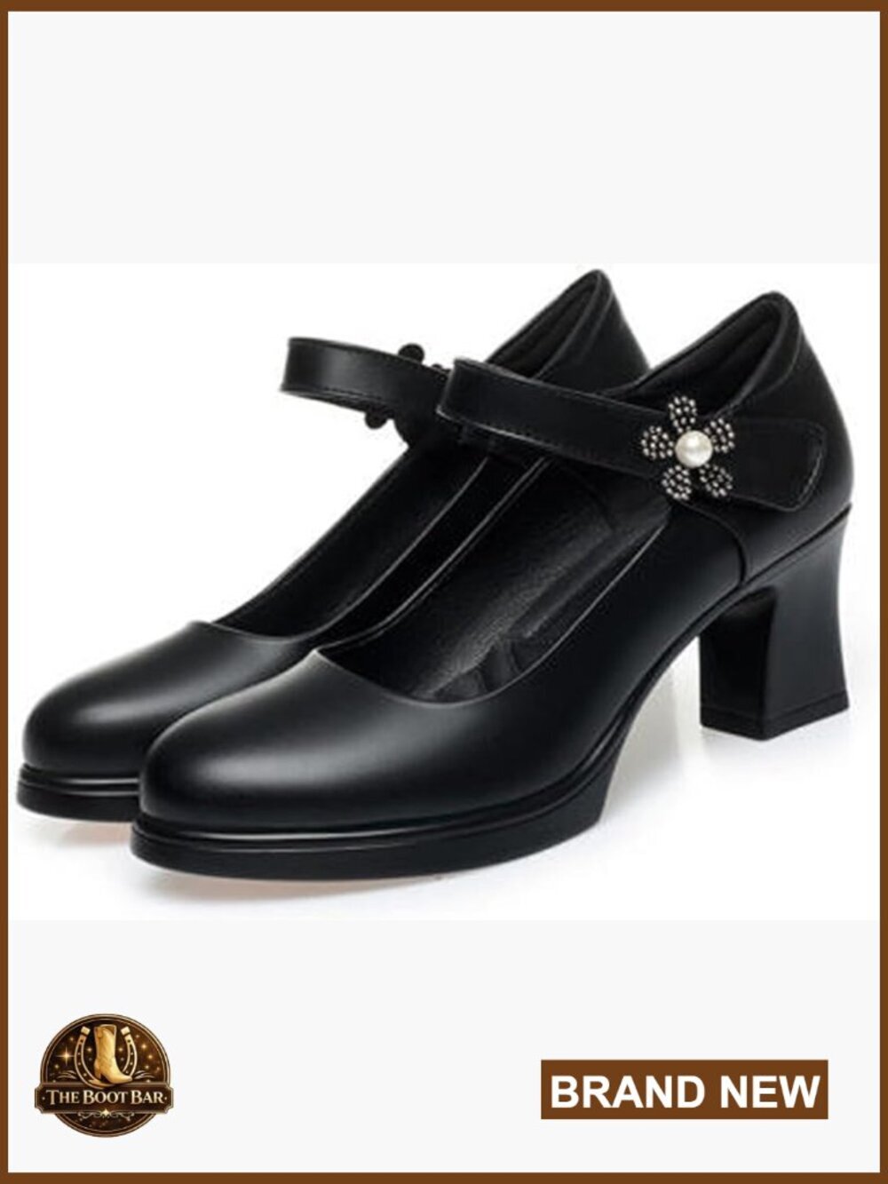 Slip On Chunky Heel Mary Jane Shoes with Flower Detail and Adjustable Straps